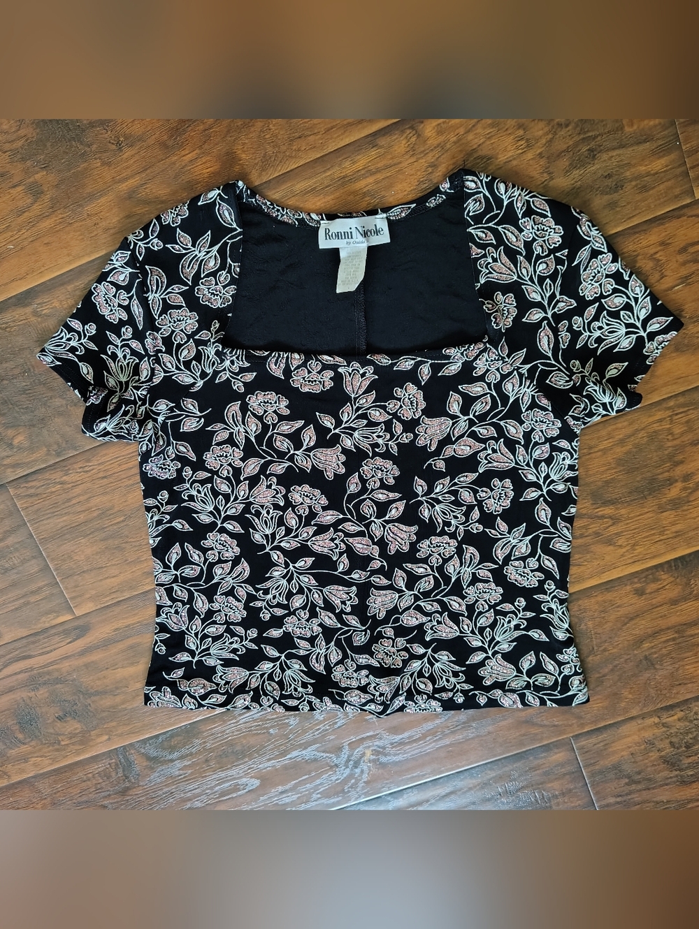 Vintage 90s Ronni Nicole pink glitter floral stretch blouse shirt top size L